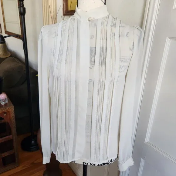 Alexandria Vintage Sheer Ivory Pleated Bouse Sz 8 - Picture 2 of 11